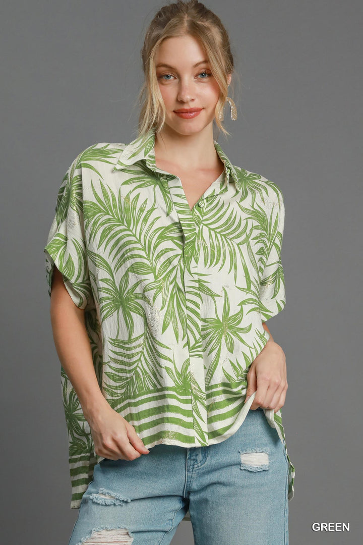 Tropical print button down top