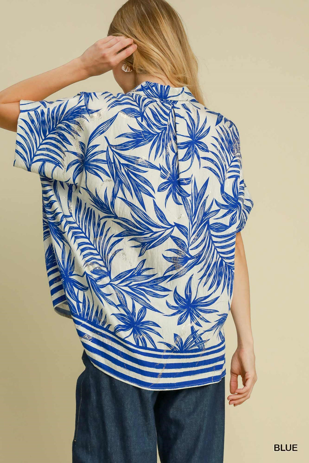 Tropical print button down top