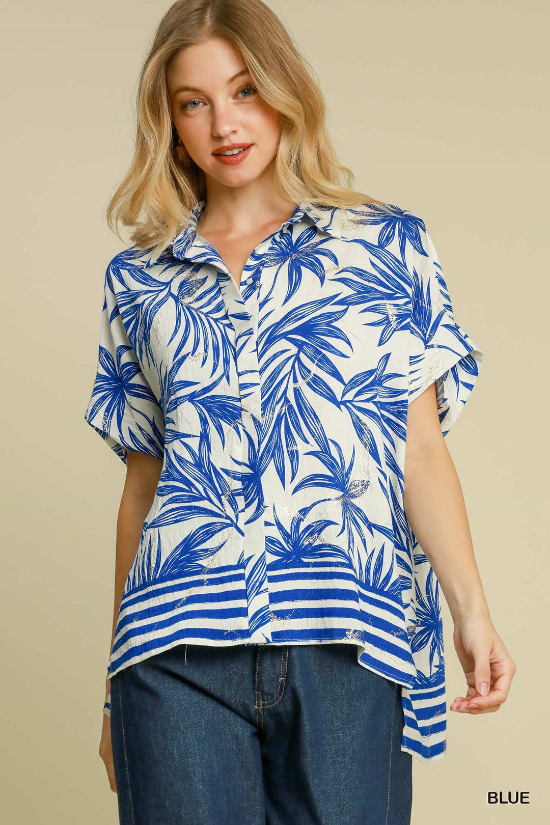 Tropical print button down top