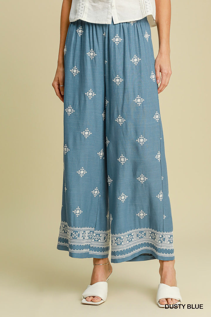 Aztec embroidered wide leg pants