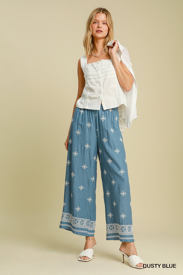 Aztec embroidered wide leg pants