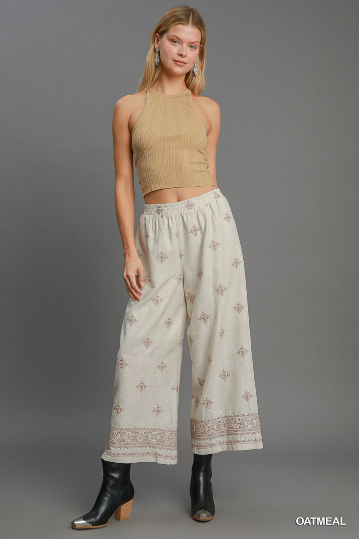 Aztec embroidered wide leg pants