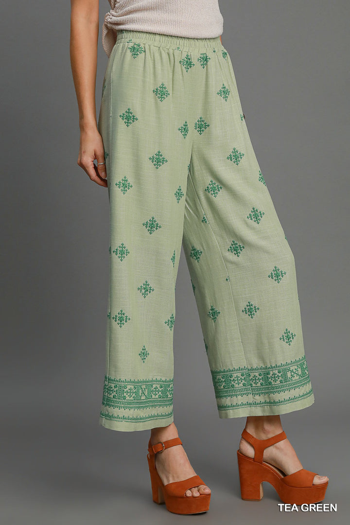 Aztec embroidered wide leg pants