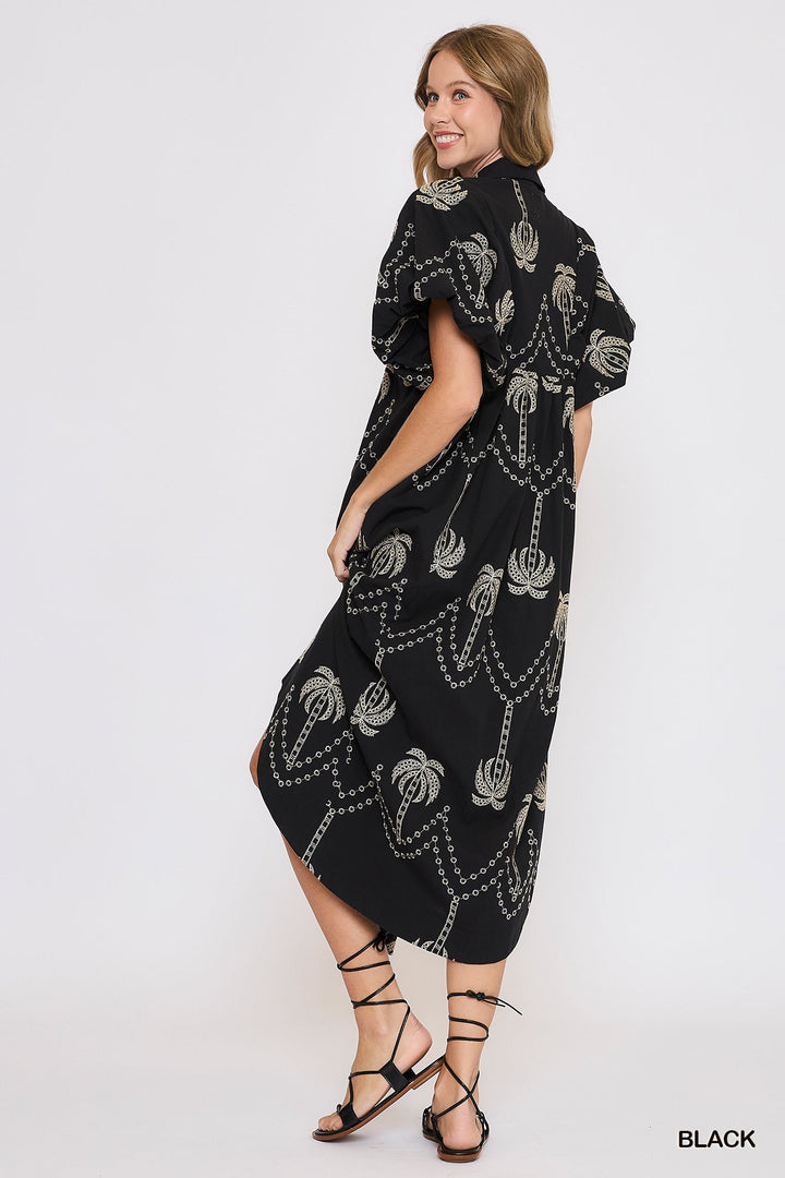 Palm tree embroidered midi dress