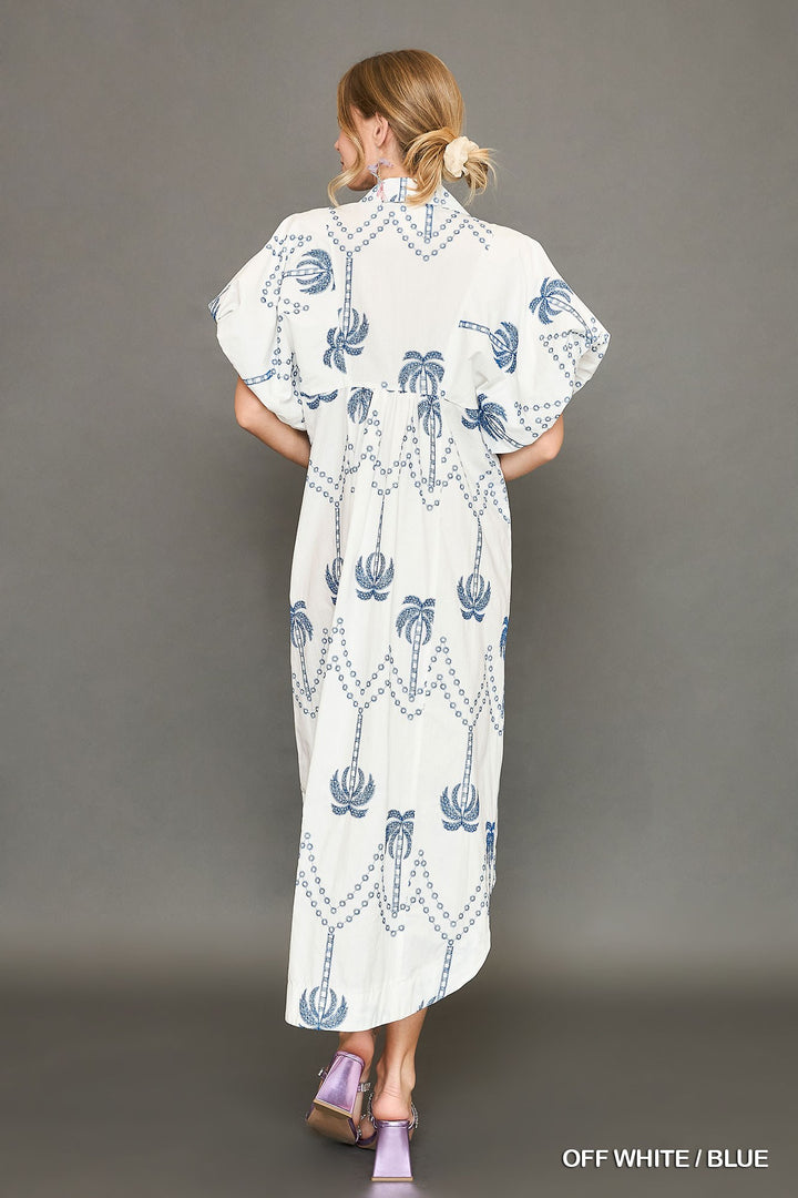 Palm tree embroidered midi dress