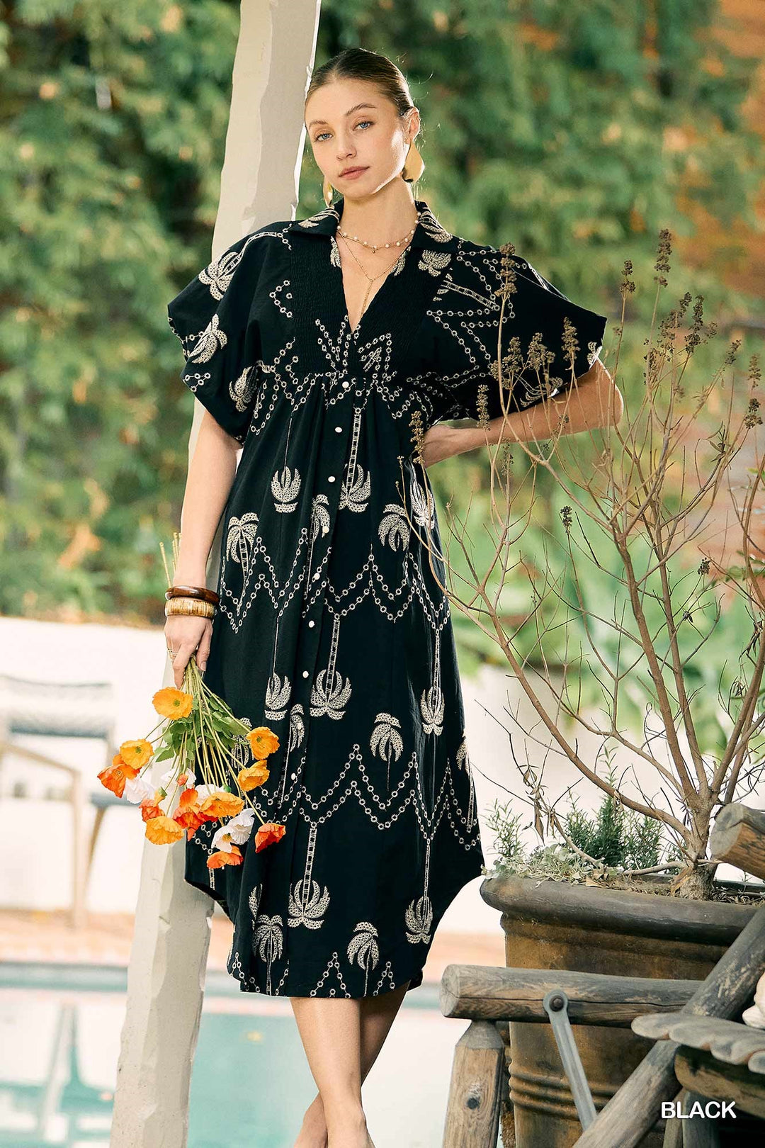 Palm tree embroidered midi dress