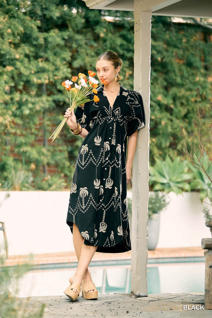 Palm tree embroidered midi dress