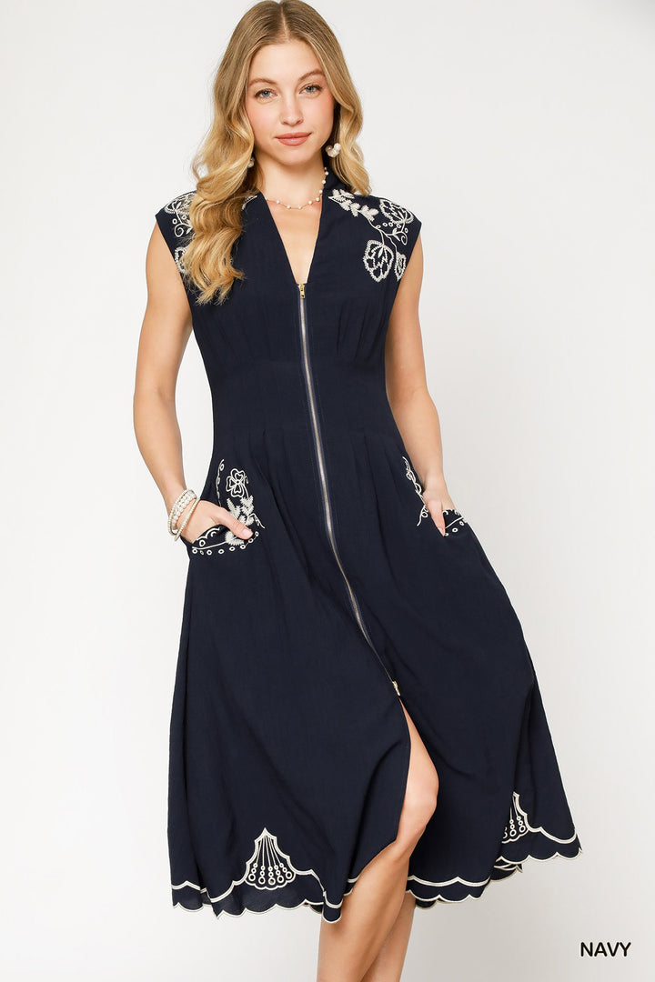 Embroidered border zip up midi dress