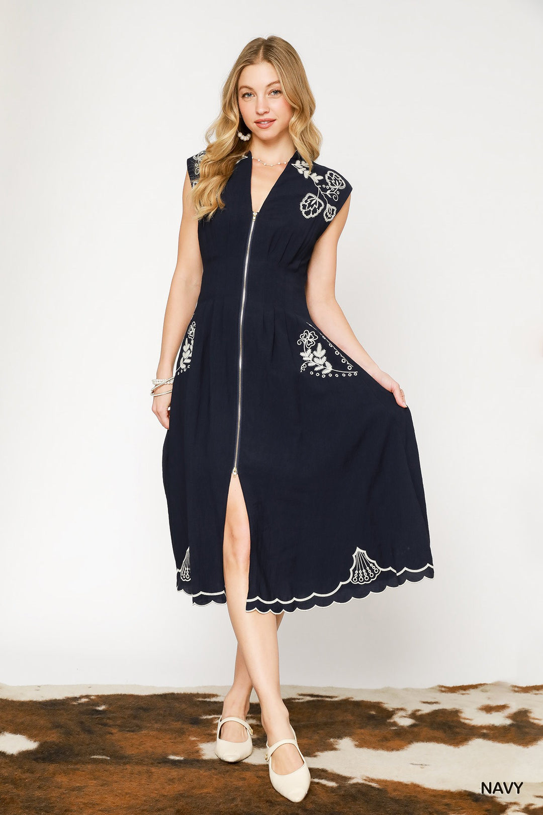 Embroidered border zip up midi dress