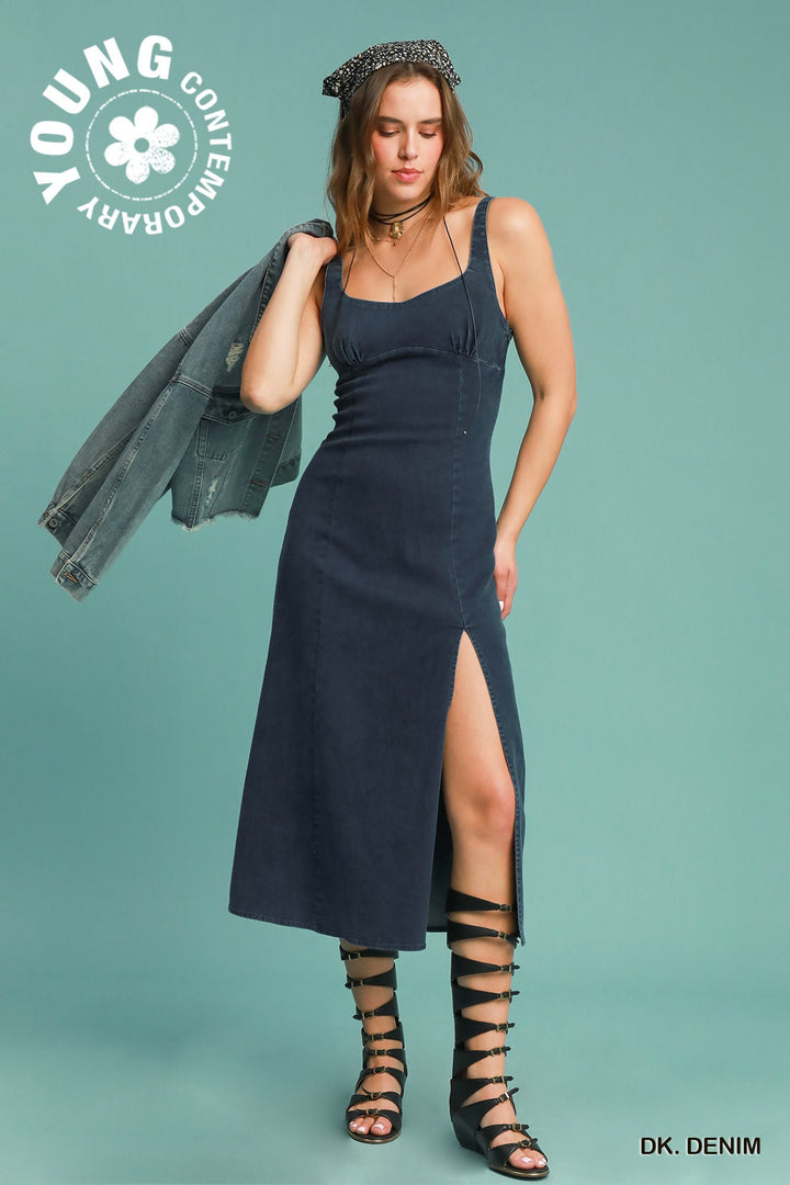 SLEEVELESS VERSATILE DENIM MIDI DRESS