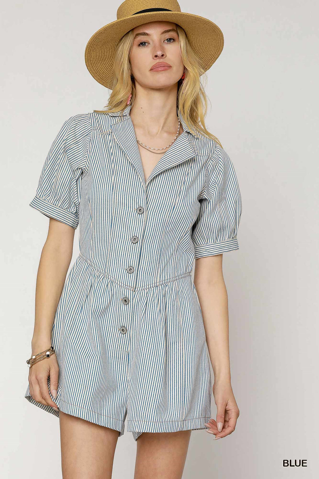Stripe button down collared romper