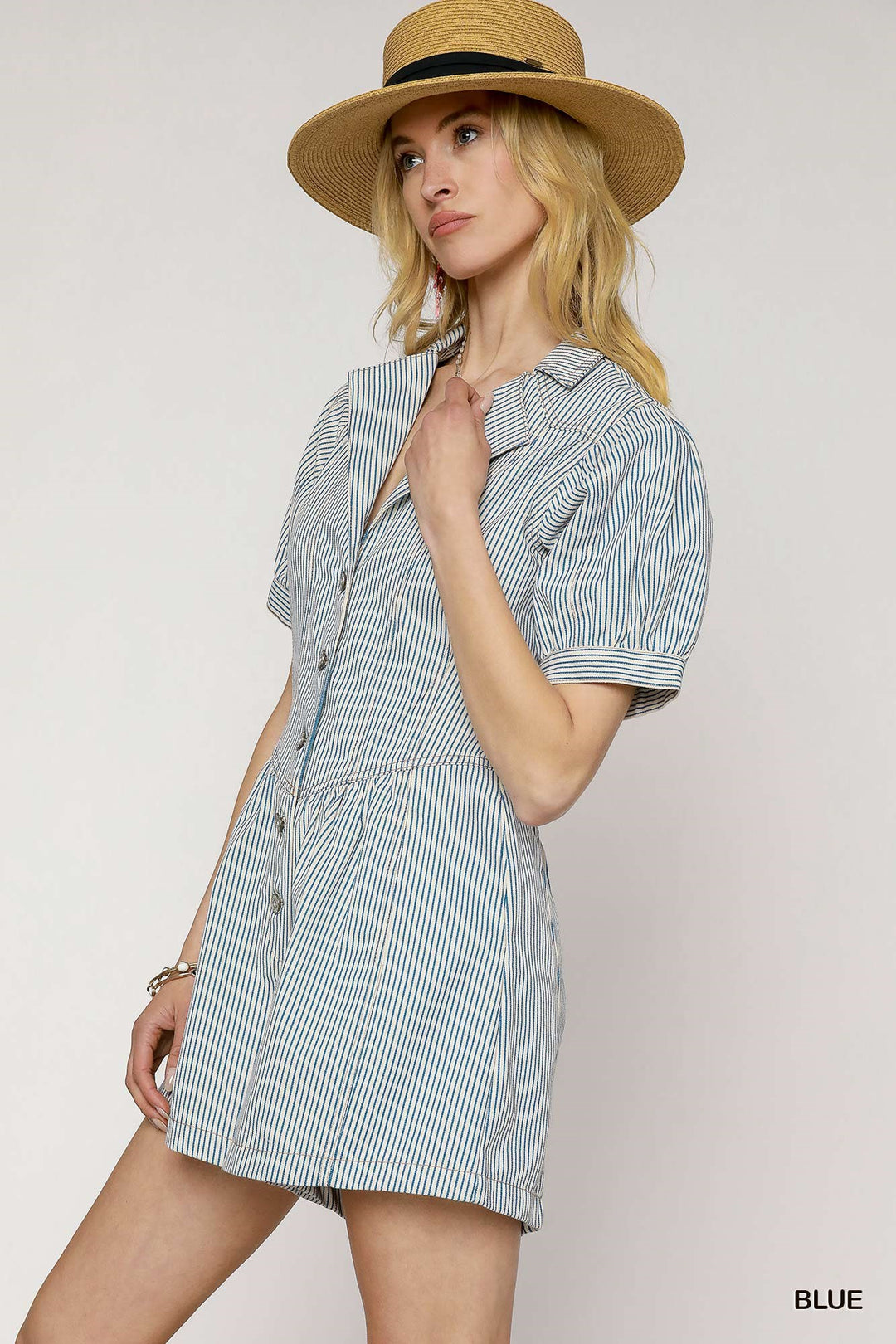 Stripe button down collared romper