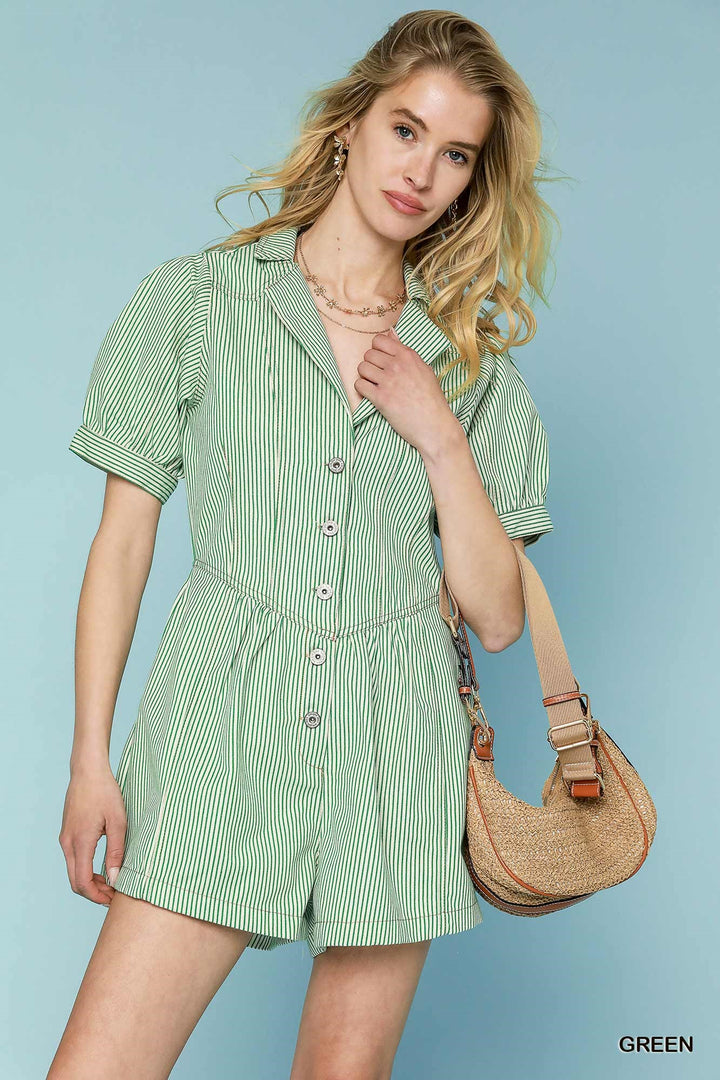Stripe button down collared romper