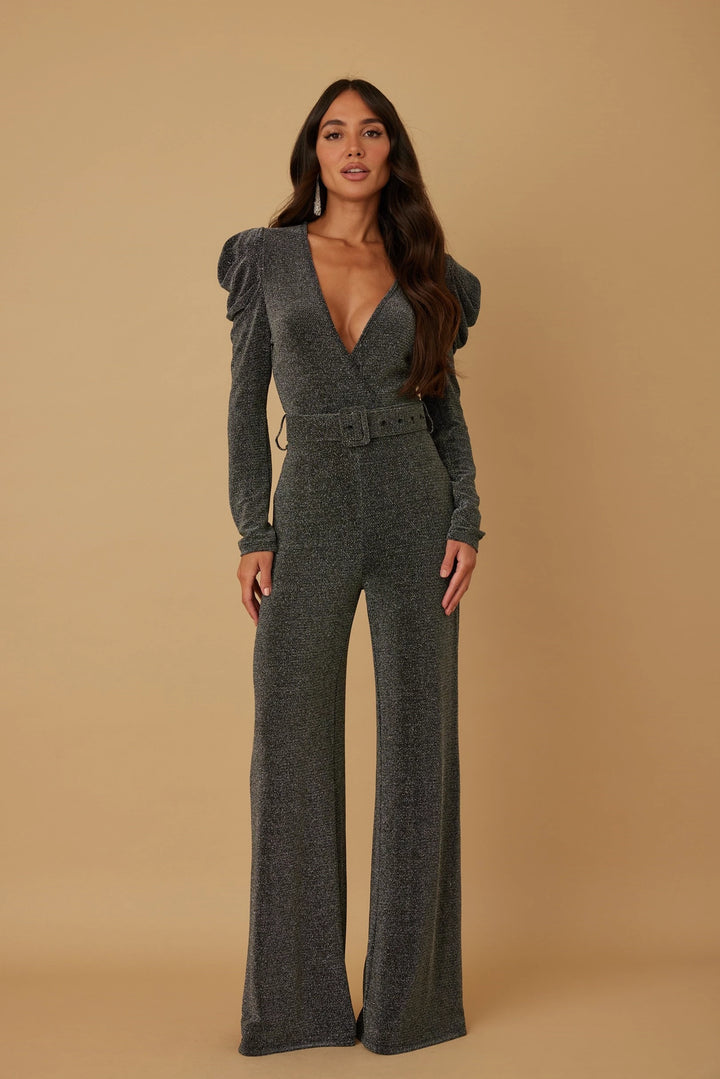 Ruched puff sleeve with belt detail jumpsuit