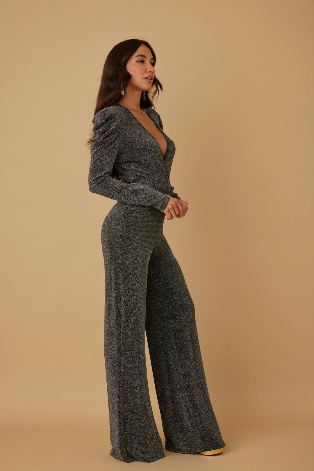 Ruched puff sleeve with belt detail jumpsuit