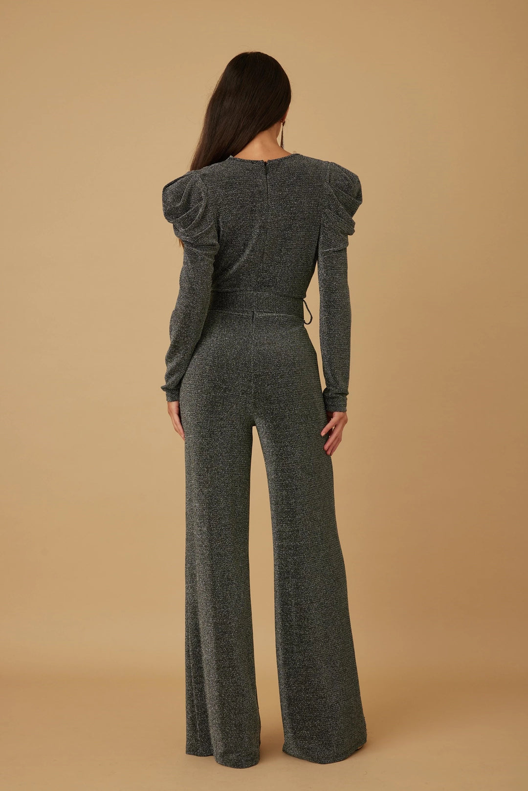 Ruched puff sleeve with belt detail jumpsuit