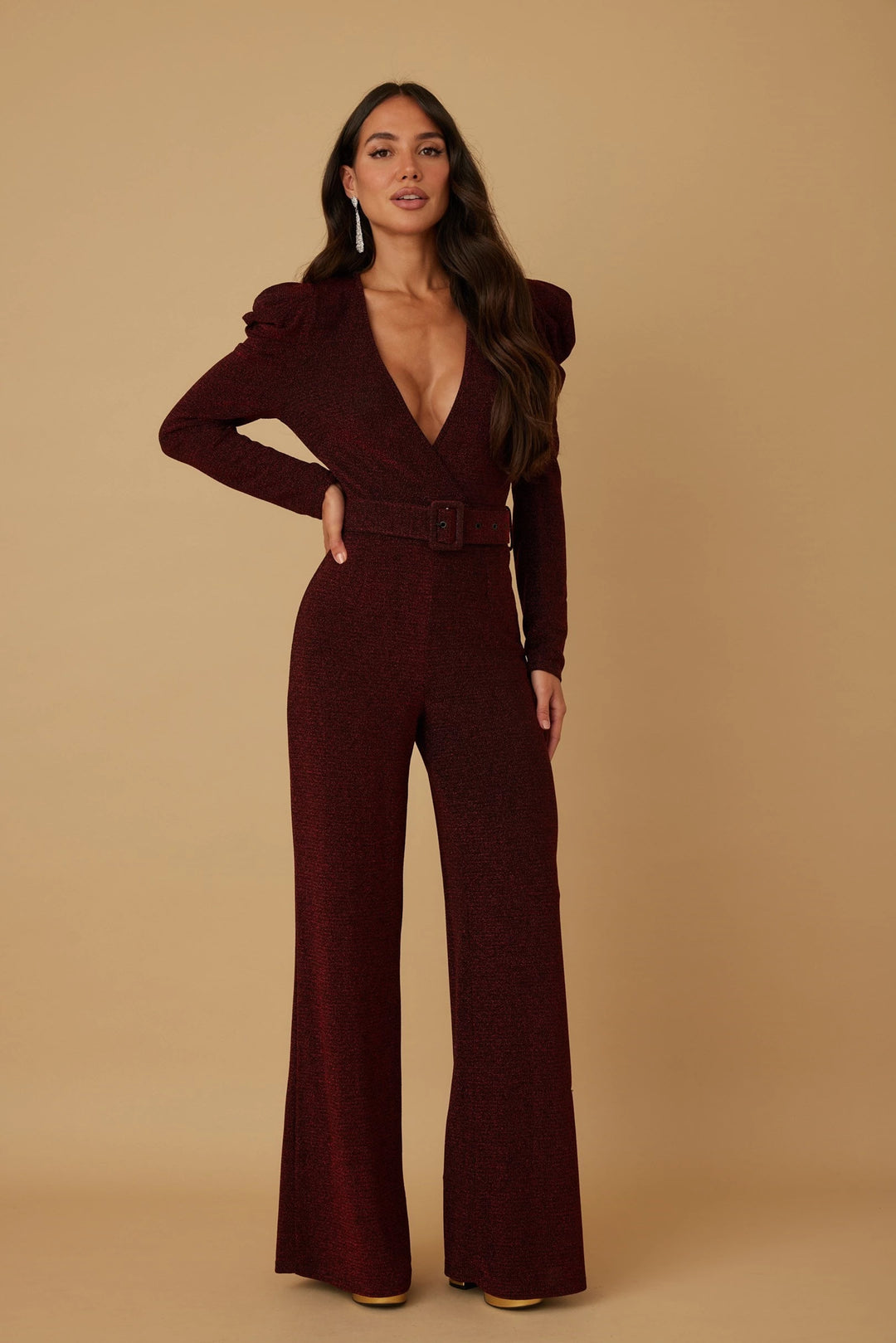 Ruched puff sleeve with belt detail jumpsuit