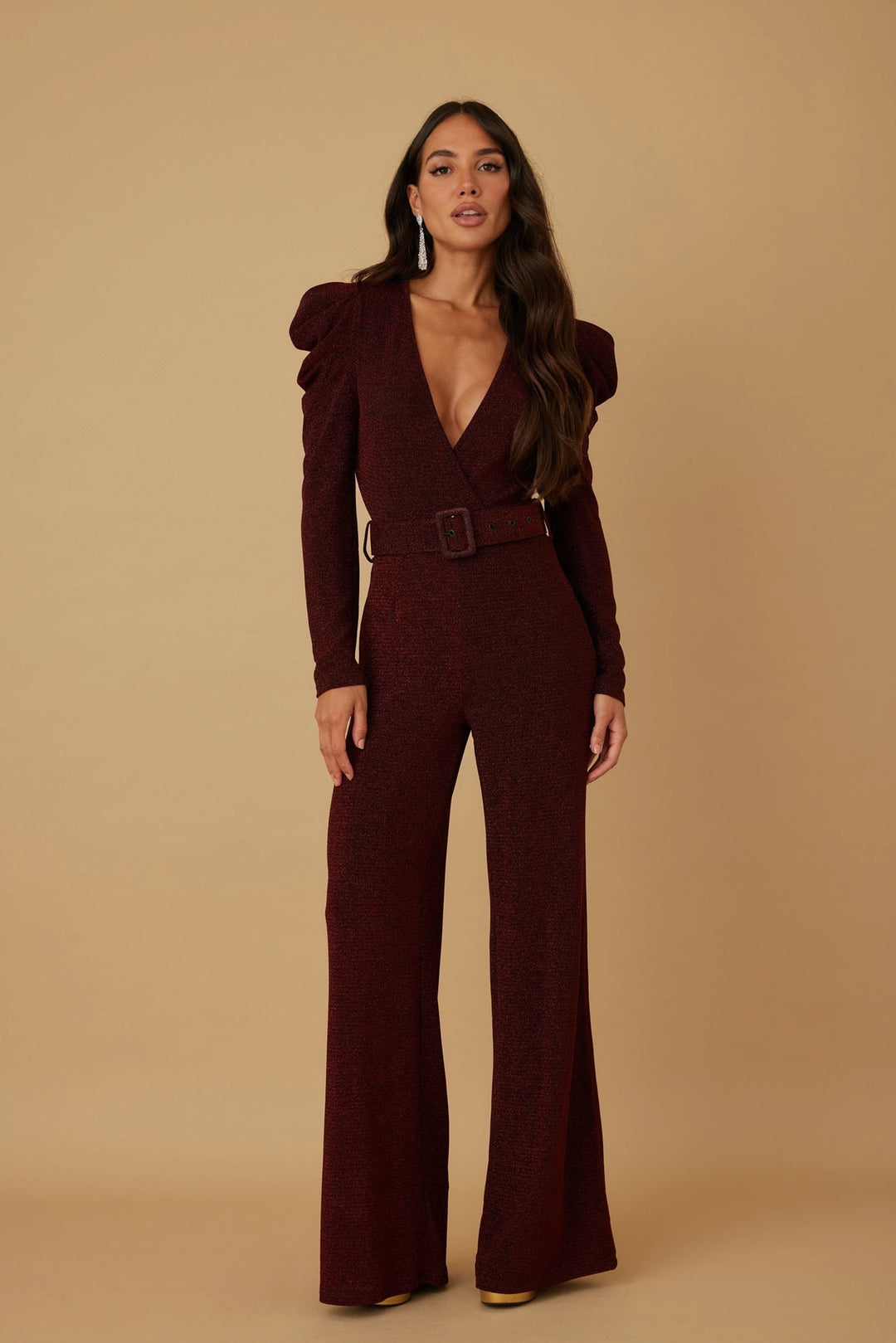 Ruched puff sleeve with belt detail jumpsuit