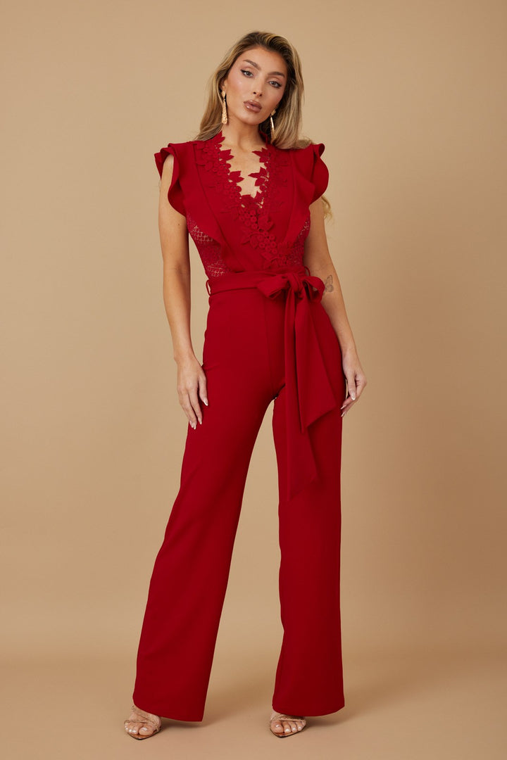 Ruffle layered with flower embroidered jumpsuit