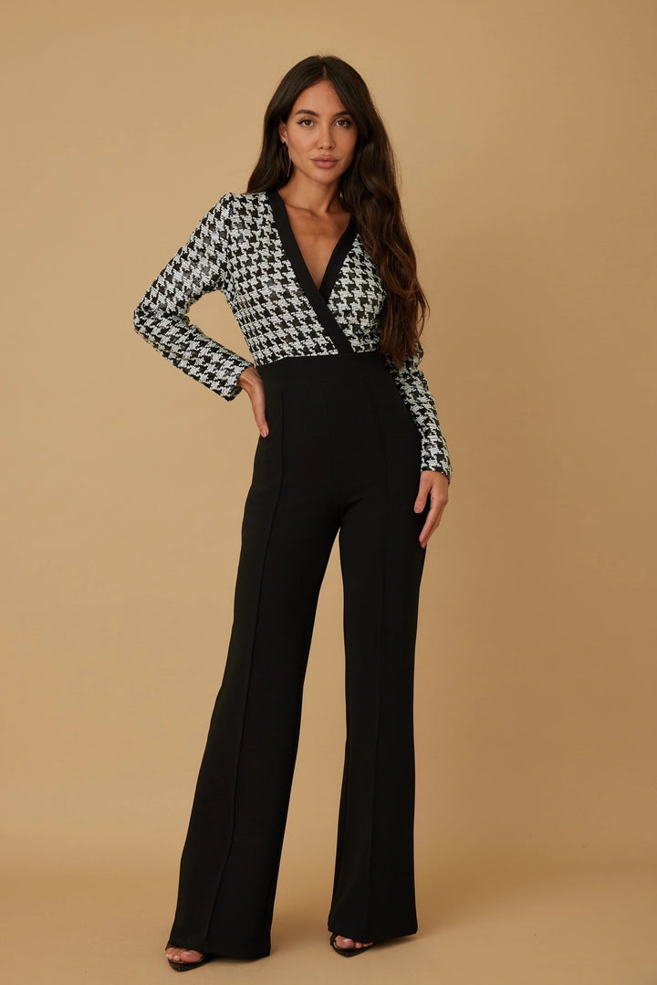 Houndstooth check sequins jumpsuit