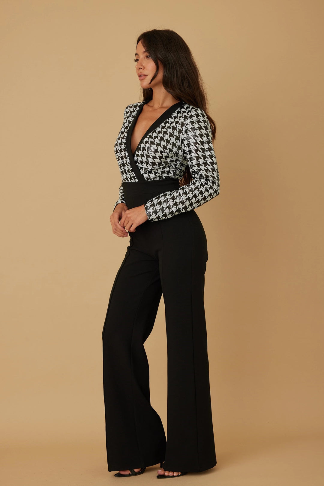 Houndstooth check sequins jumpsuit