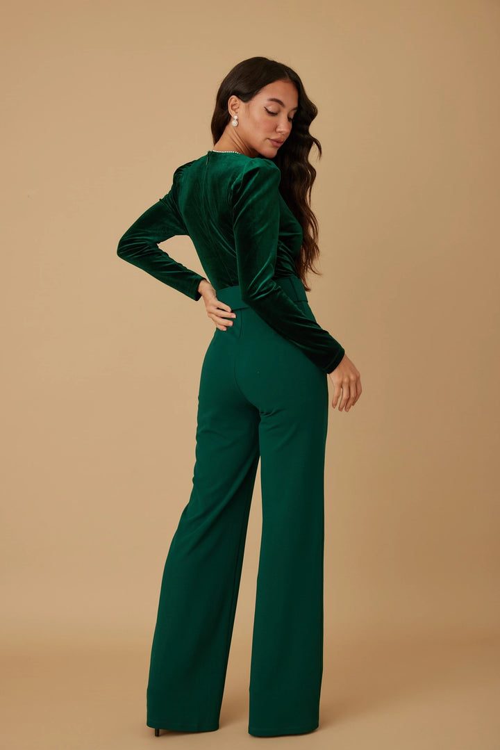 Velvet top with rhinestone jewel trim  jumpsuit