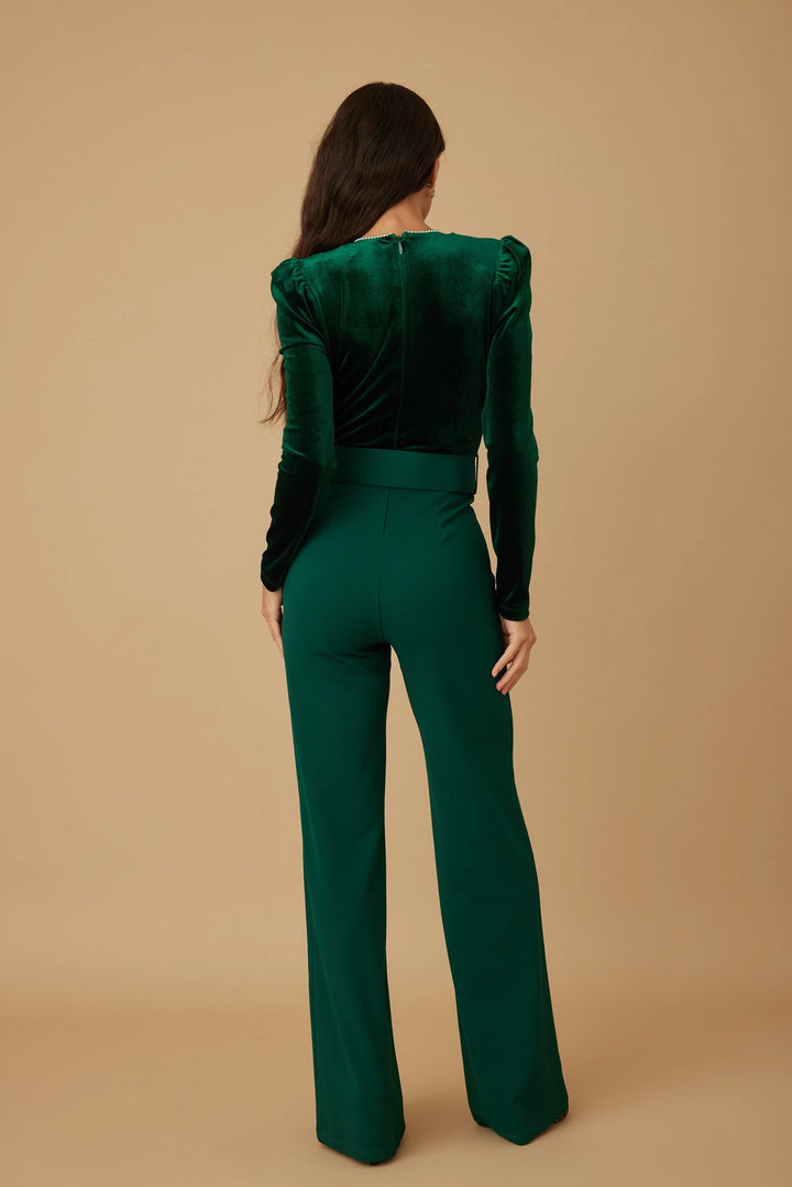 Velvet top with rhinestone jewel trim  jumpsuit