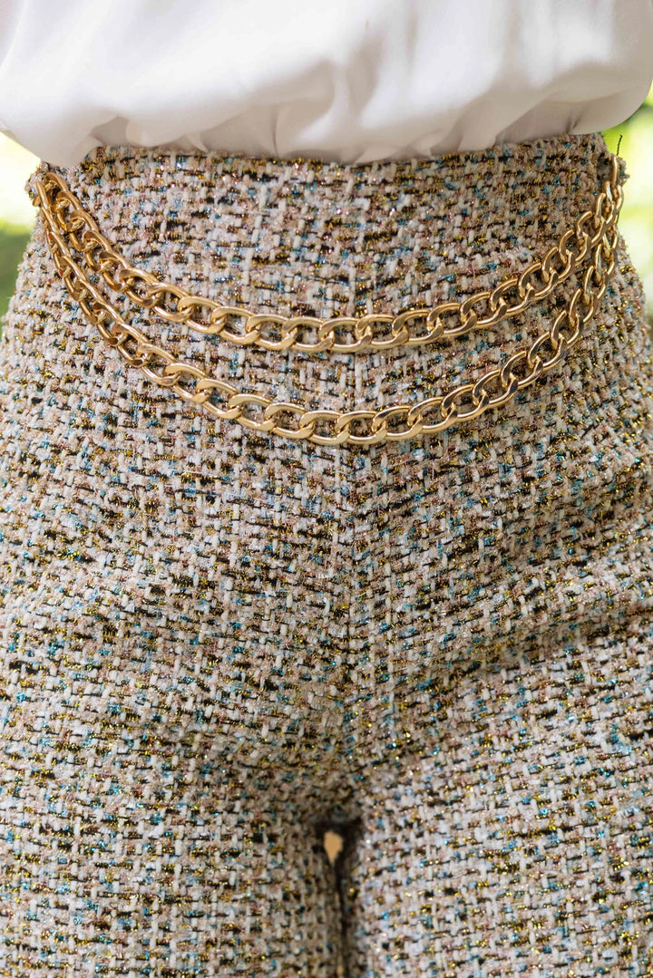 Tweed fabric waist chain pants