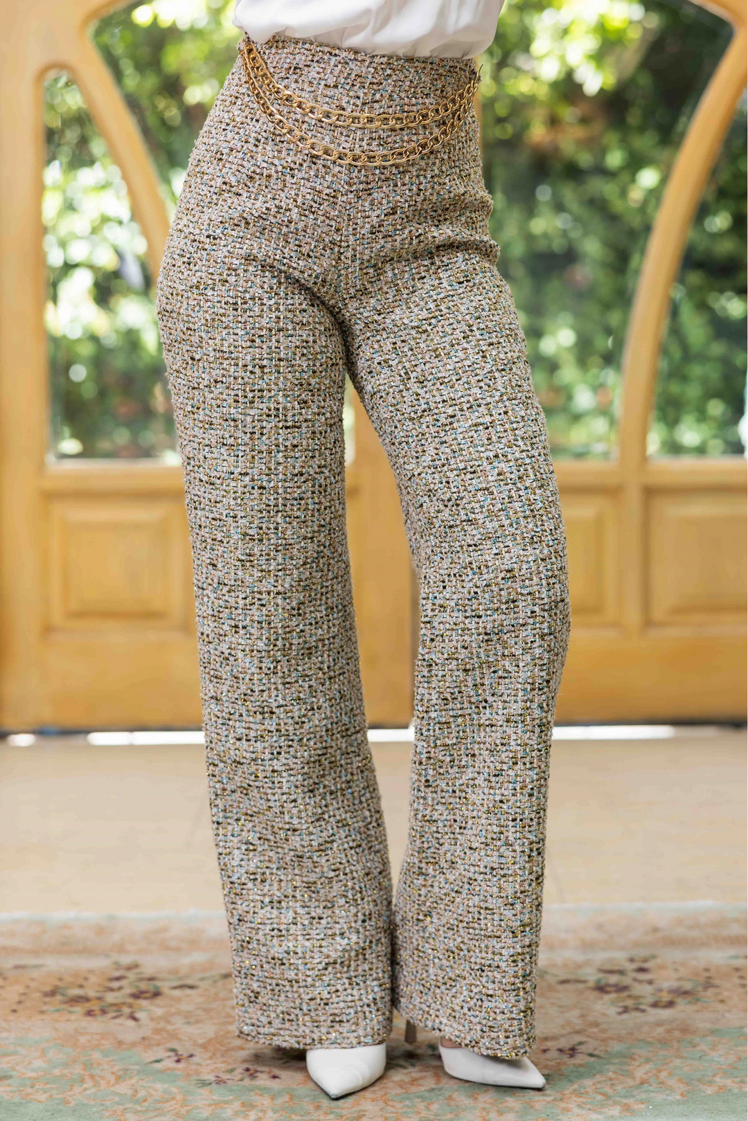 Tweed fabric waist chain pants