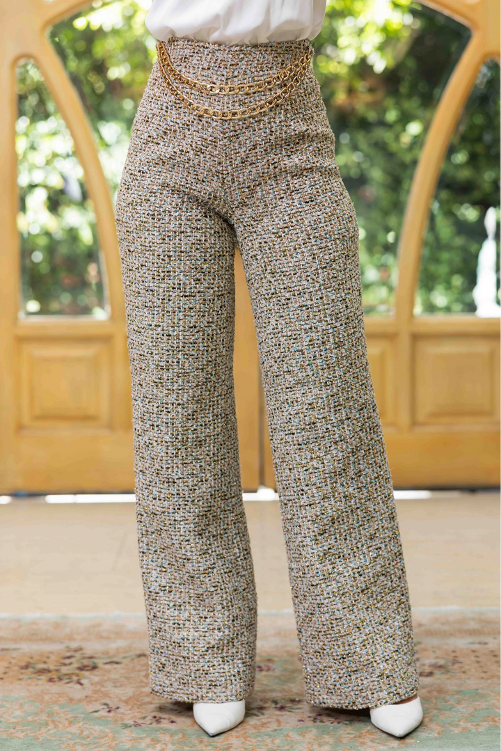 Tweed fabric waist chain pants