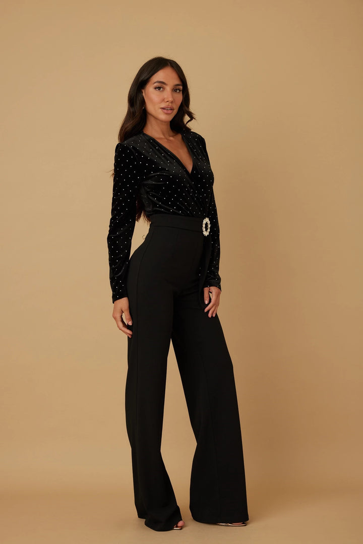 Velvet top with rhinestone detailed jumpsuit