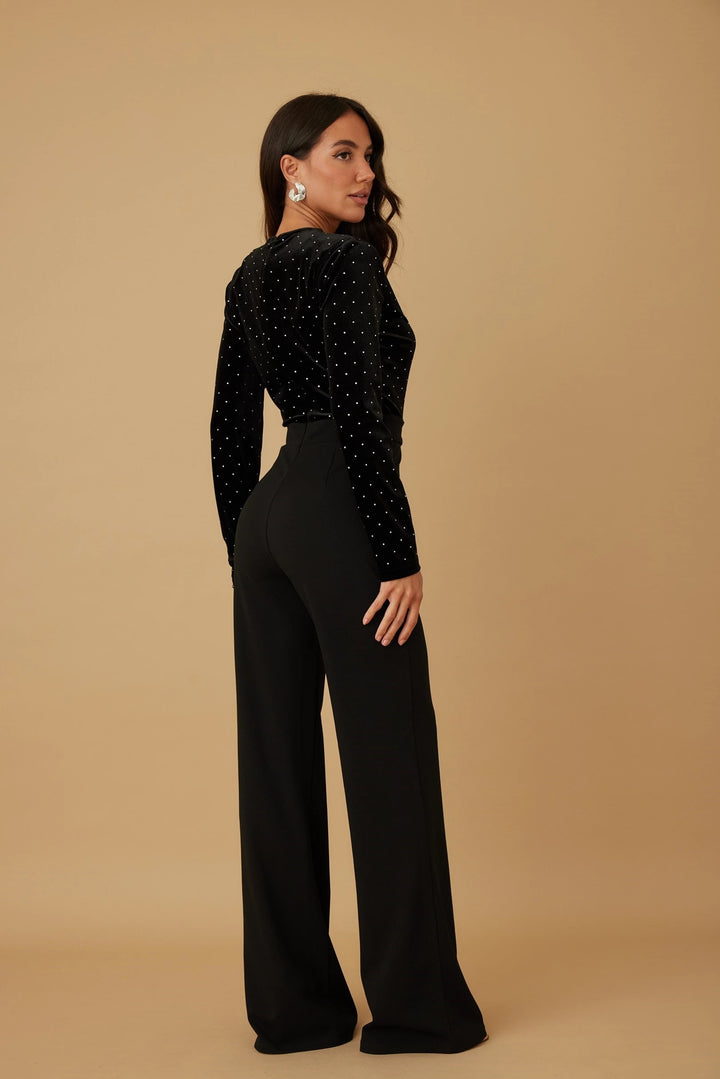 Velvet top with rhinestone detailed jumpsuit