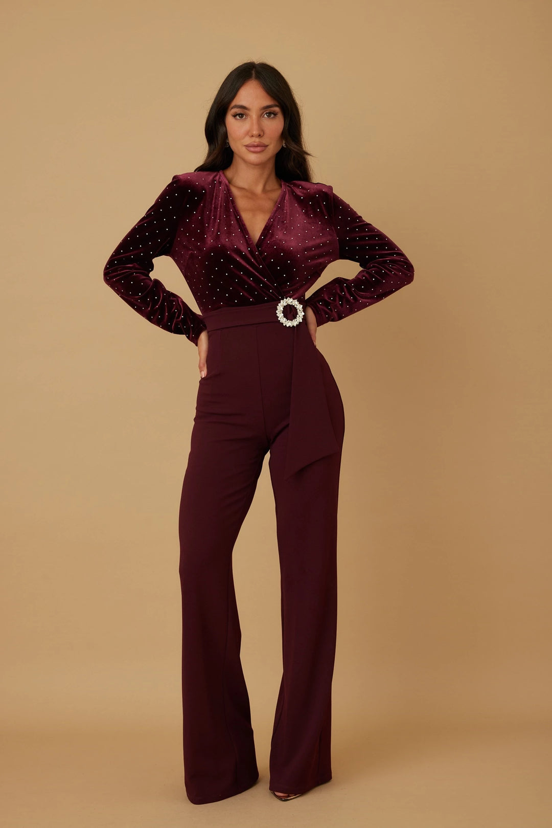 Velvet top with rhinestone detailed jumpsuit