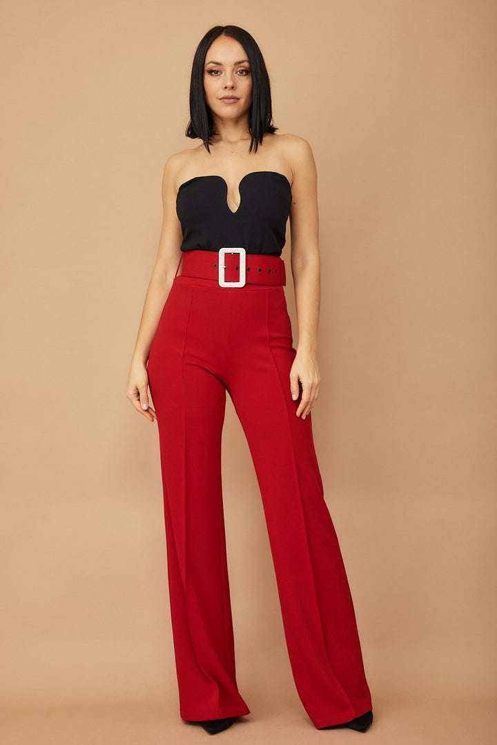 High waist jewel buckle belt pants