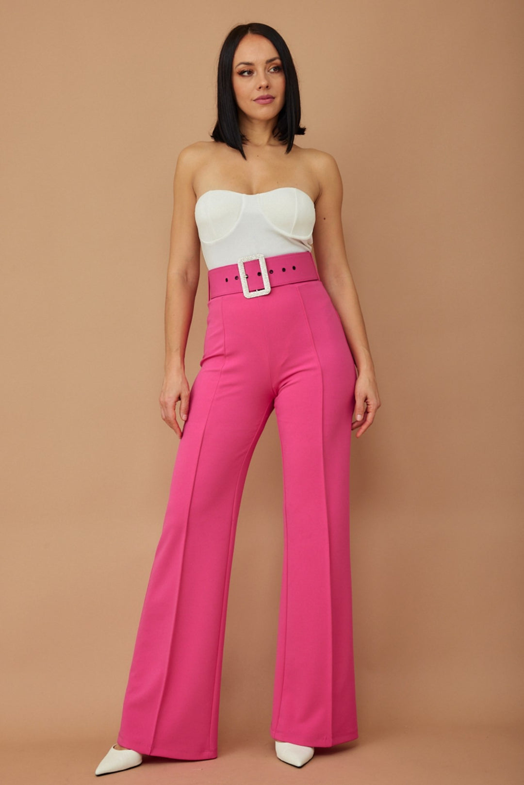 High waist jewel buckle belt pants