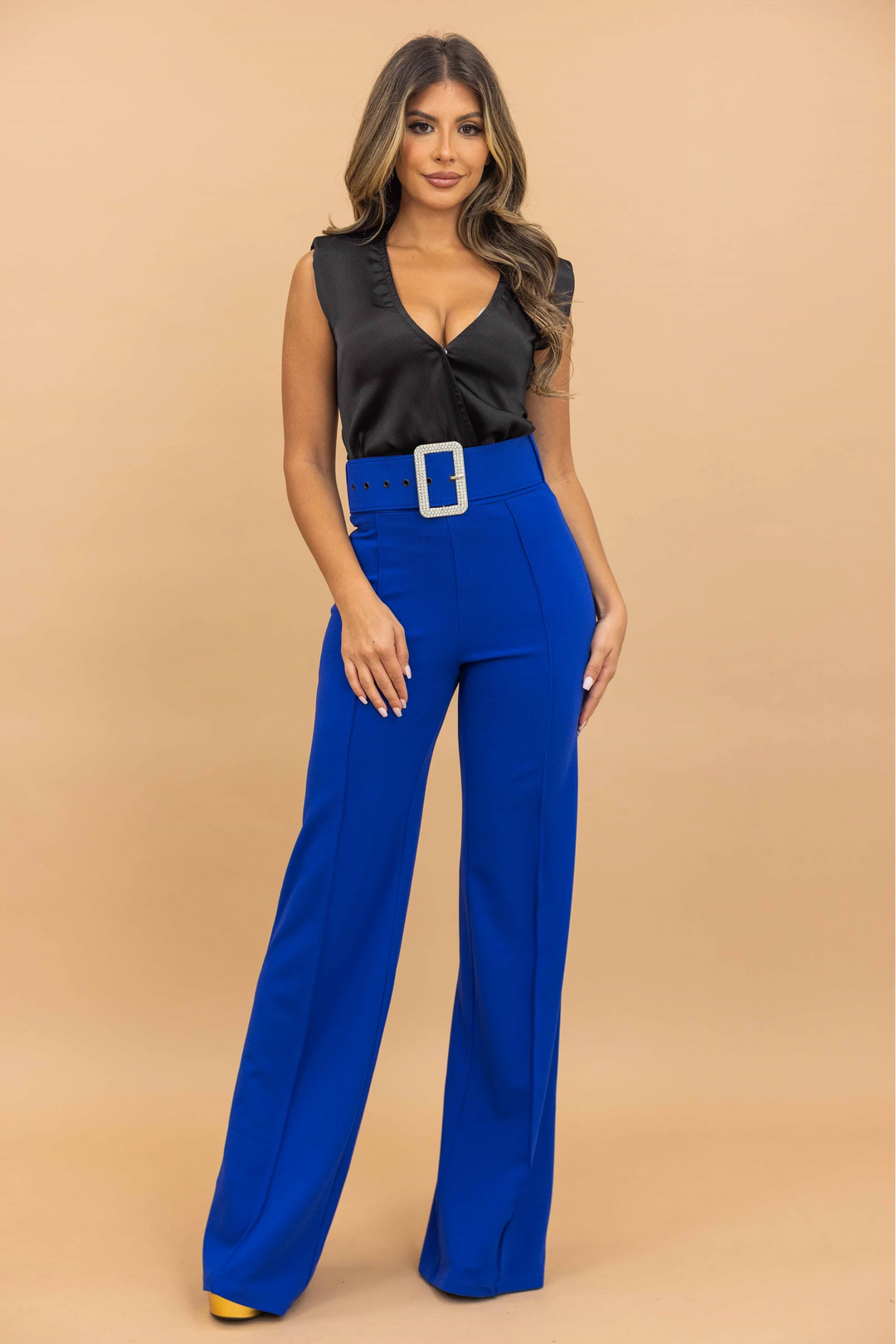 High waist jewel buckle belt pants