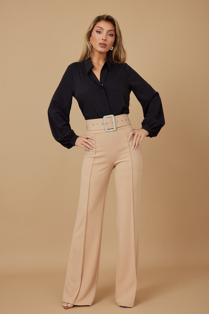 High waist jewel buckle belt pants