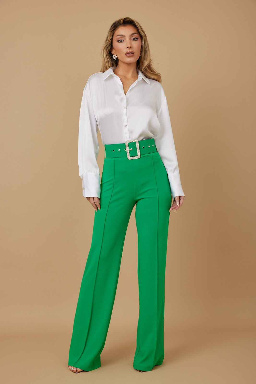 High waist jewel buckle belt pants