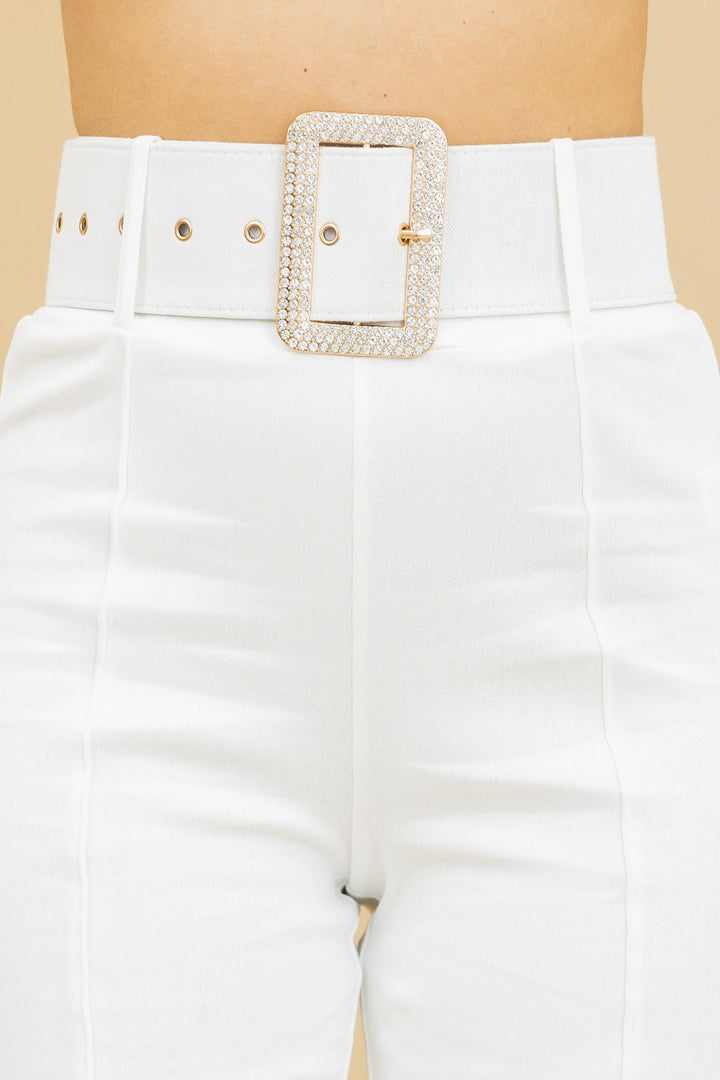 High waist denim stretch  jewel buckle belt pants