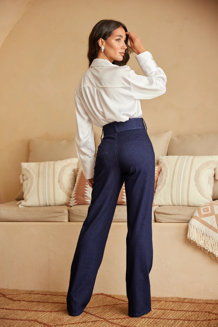 High waist denim stretch  jewel buckle belt pants