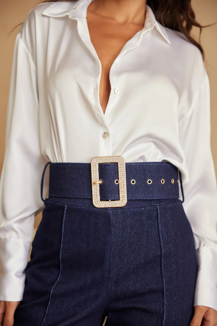 High waist denim stretch  jewel buckle belt pants