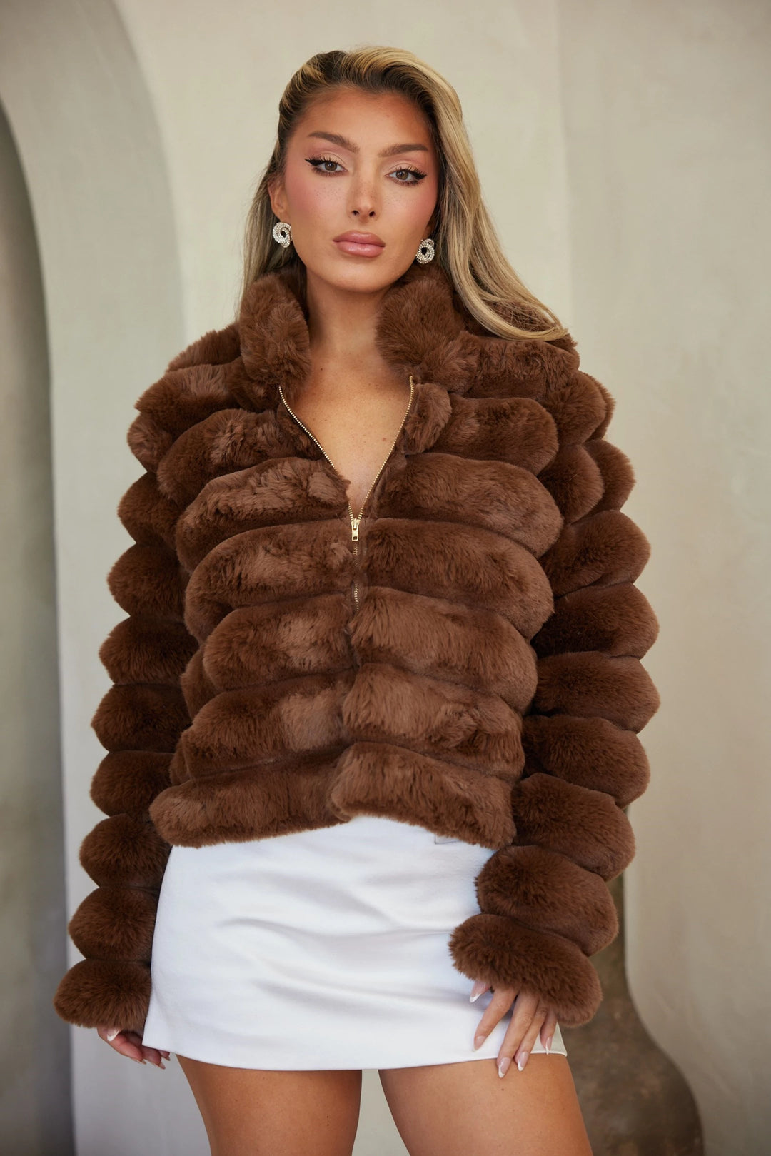 Faux fur front zipper jacket