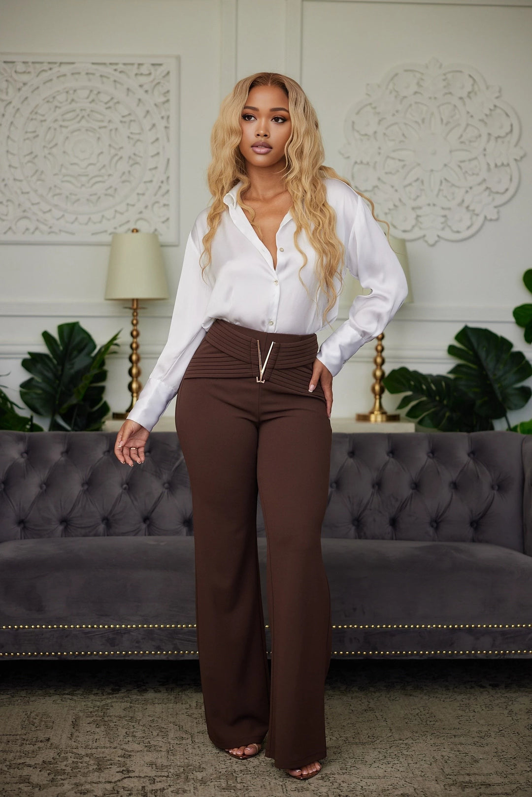 High waist buckle bootcut pants