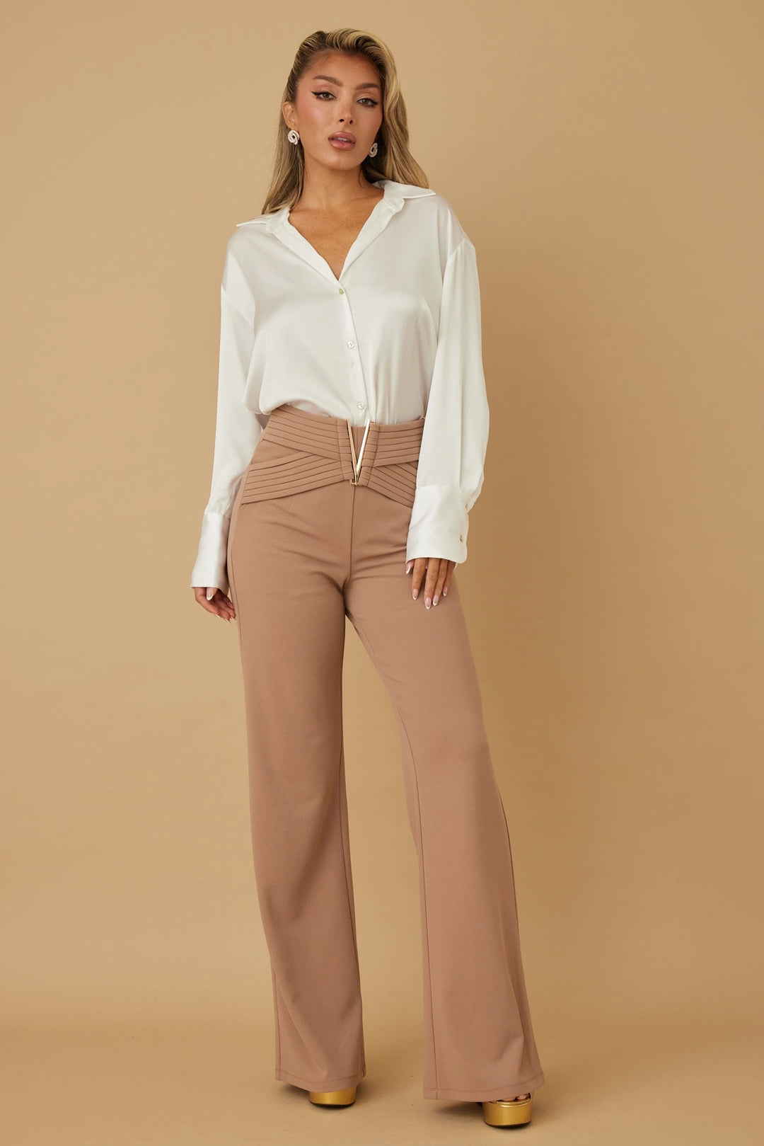 High waist buckle bootcut pants