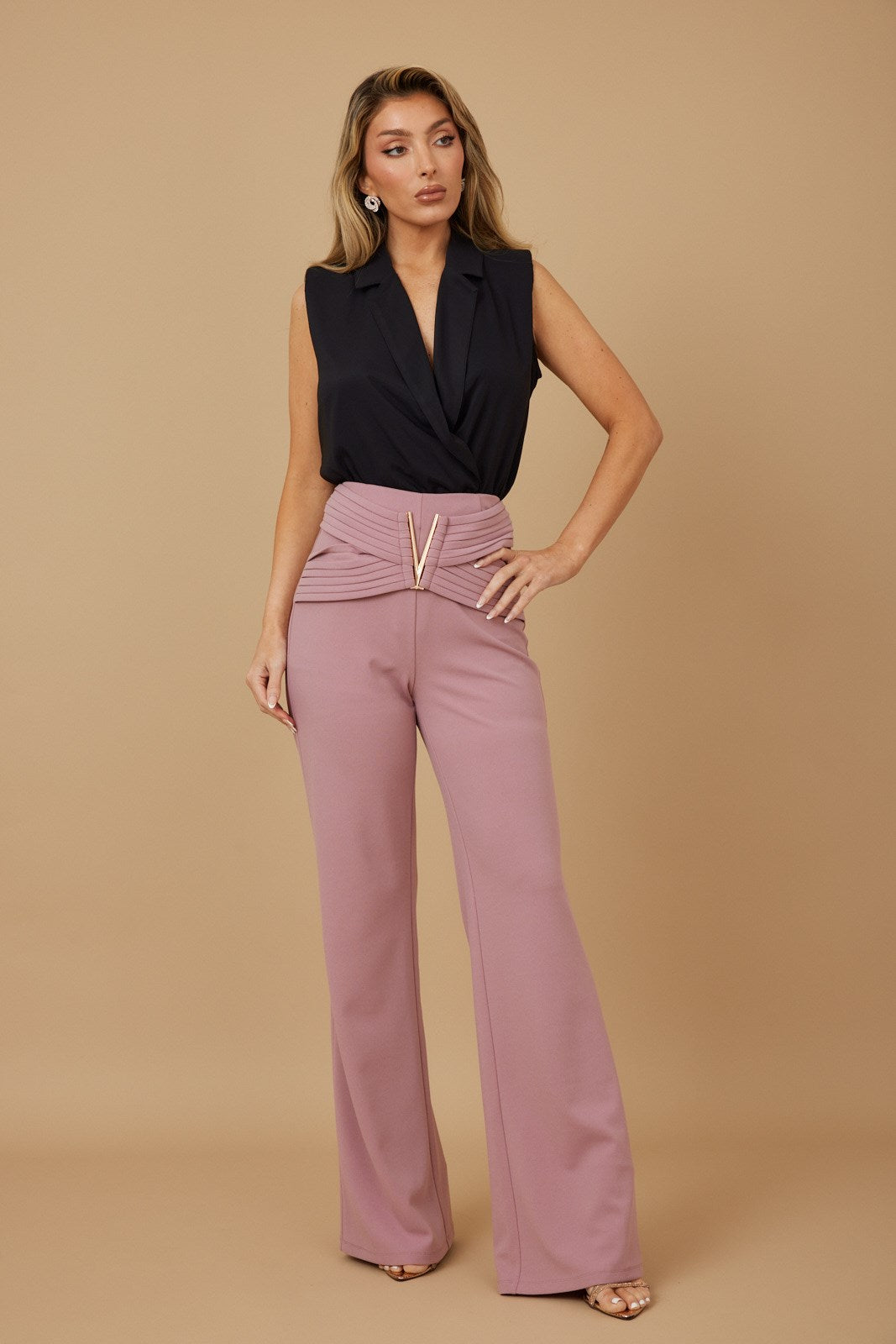 High waist buckle bootcut pants