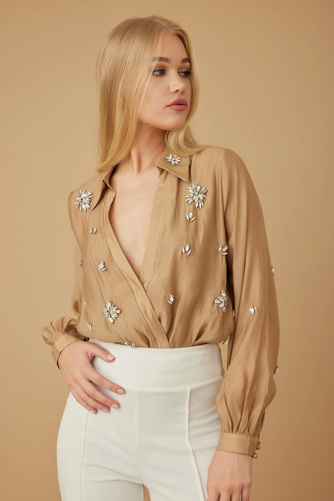 Jewel detail woven blouse bodysuit