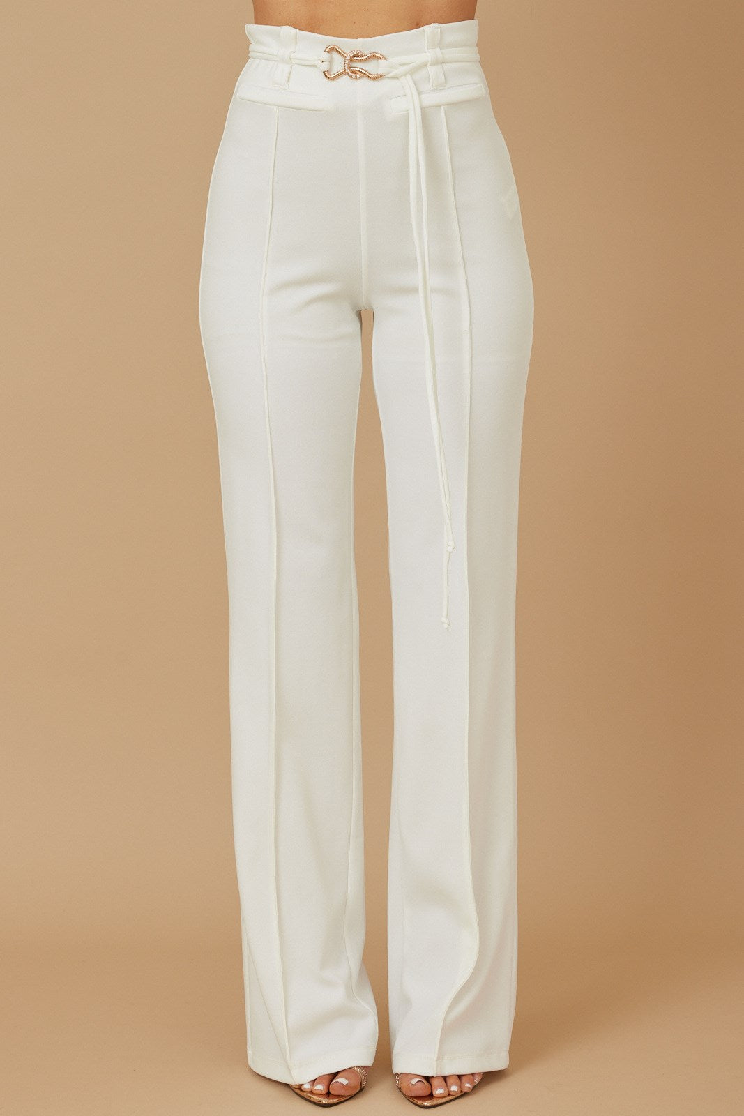 High wasit buckle tie detailed pants