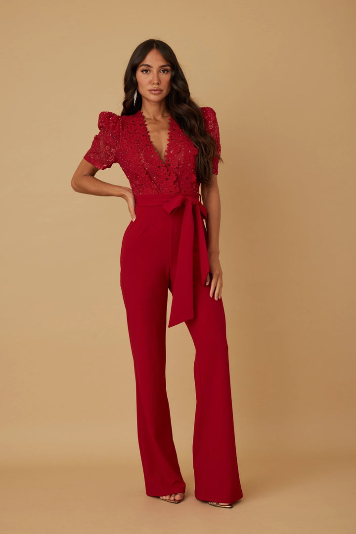 Flower embroidery with waist tie jumpsuit