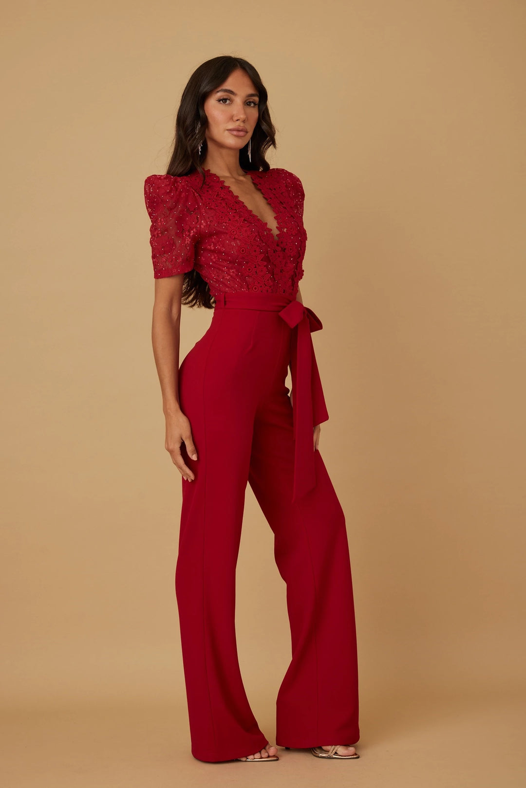 Flower embroidery with waist tie jumpsuit