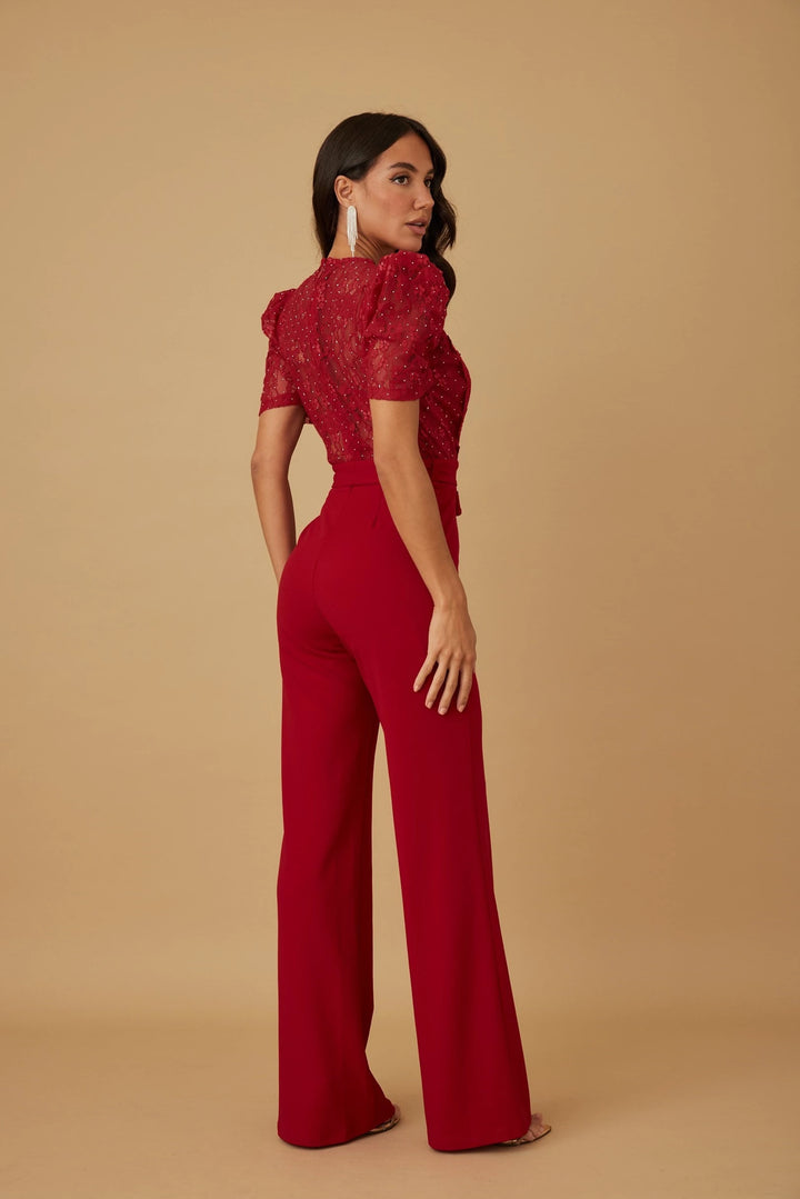 Flower embroidery with waist tie jumpsuit